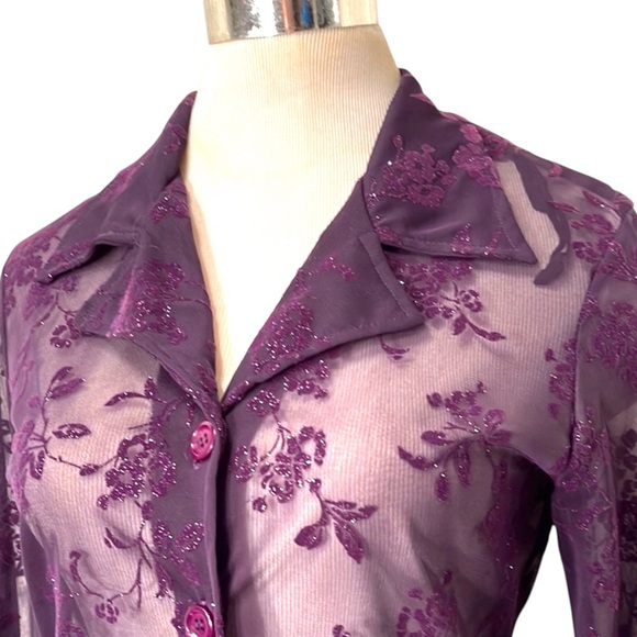 Deep Purple Sheer Lace V-Neck Long Blouse - Picture 2 of 15